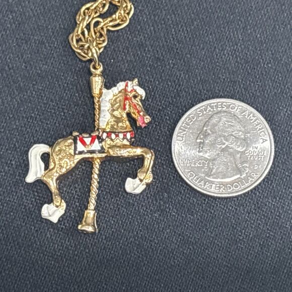 Vintage Carousel Horse Pendant Necklace Gold Tone Enamel Whimsy - Picture 11 of 11